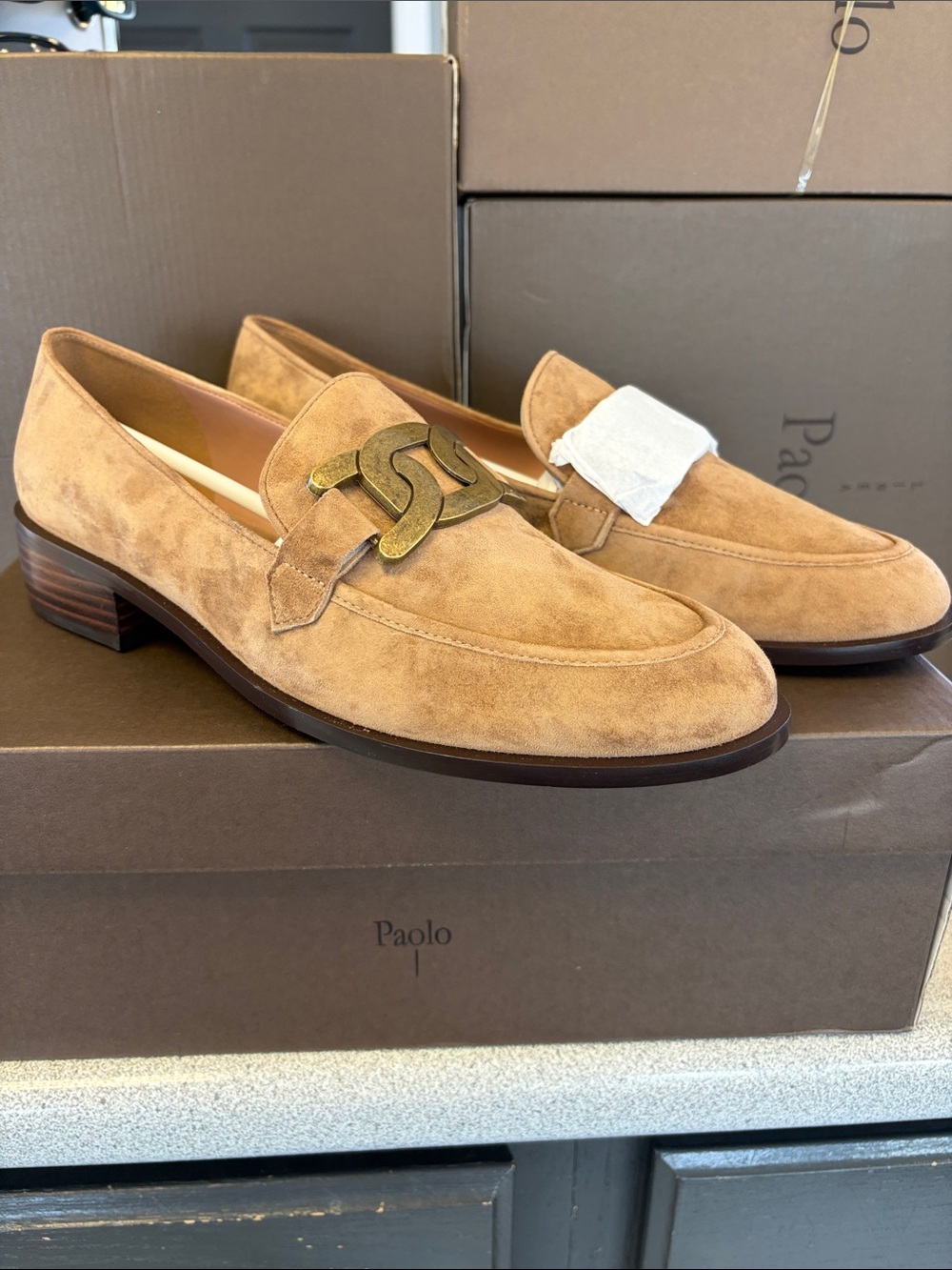 Linea Paolo Camel Kid Suede Loafers with Brass Chain Accent